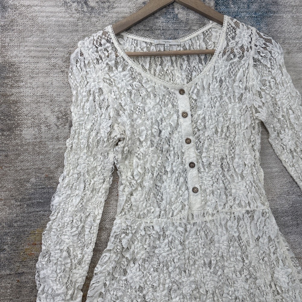 Vintage Y2K Mystree Lace Sheer Mini Dress Small Cottagecore Coquette Boho Cream